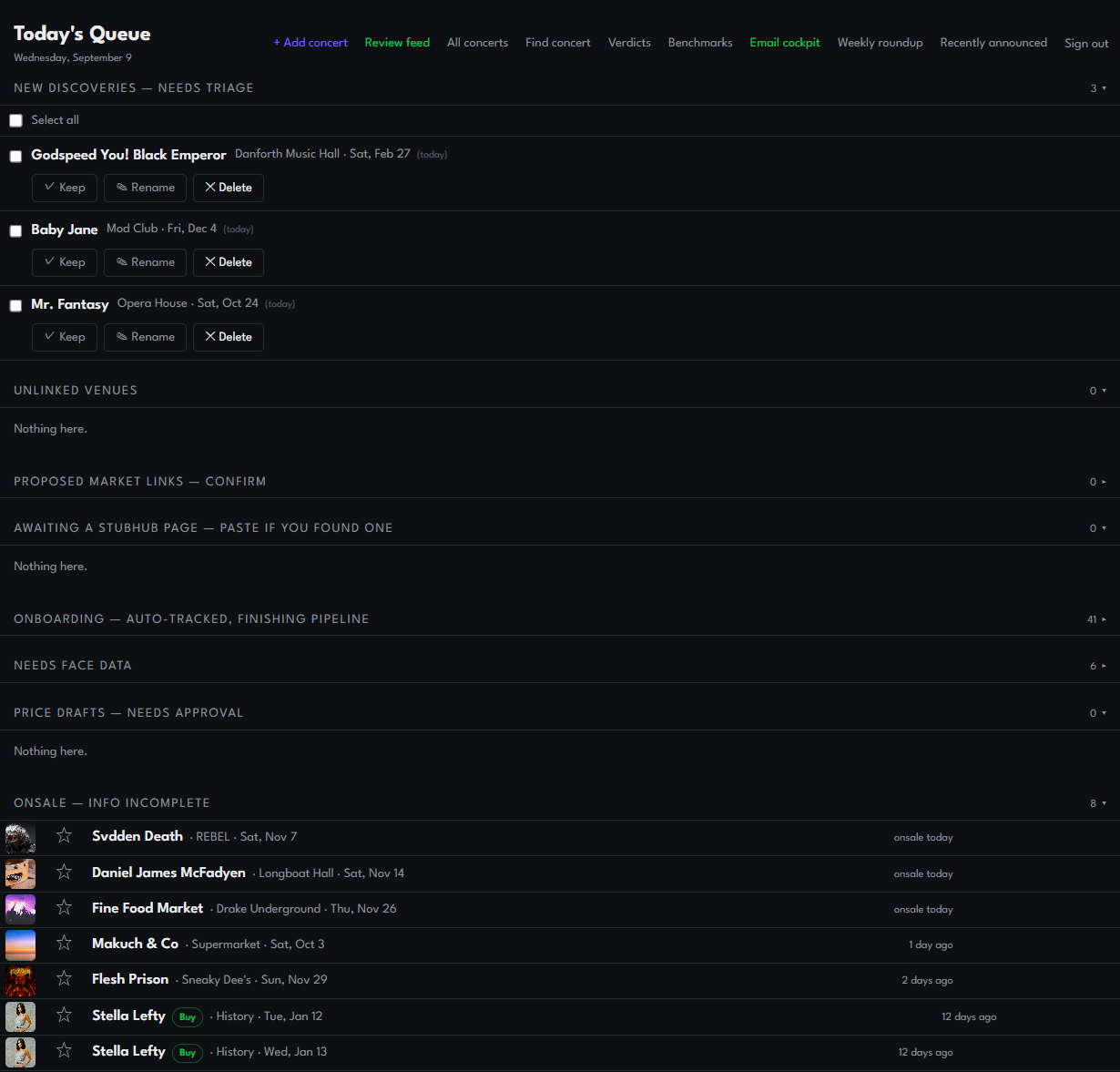 Internal queue for concert discovery, onboarding, and data checks