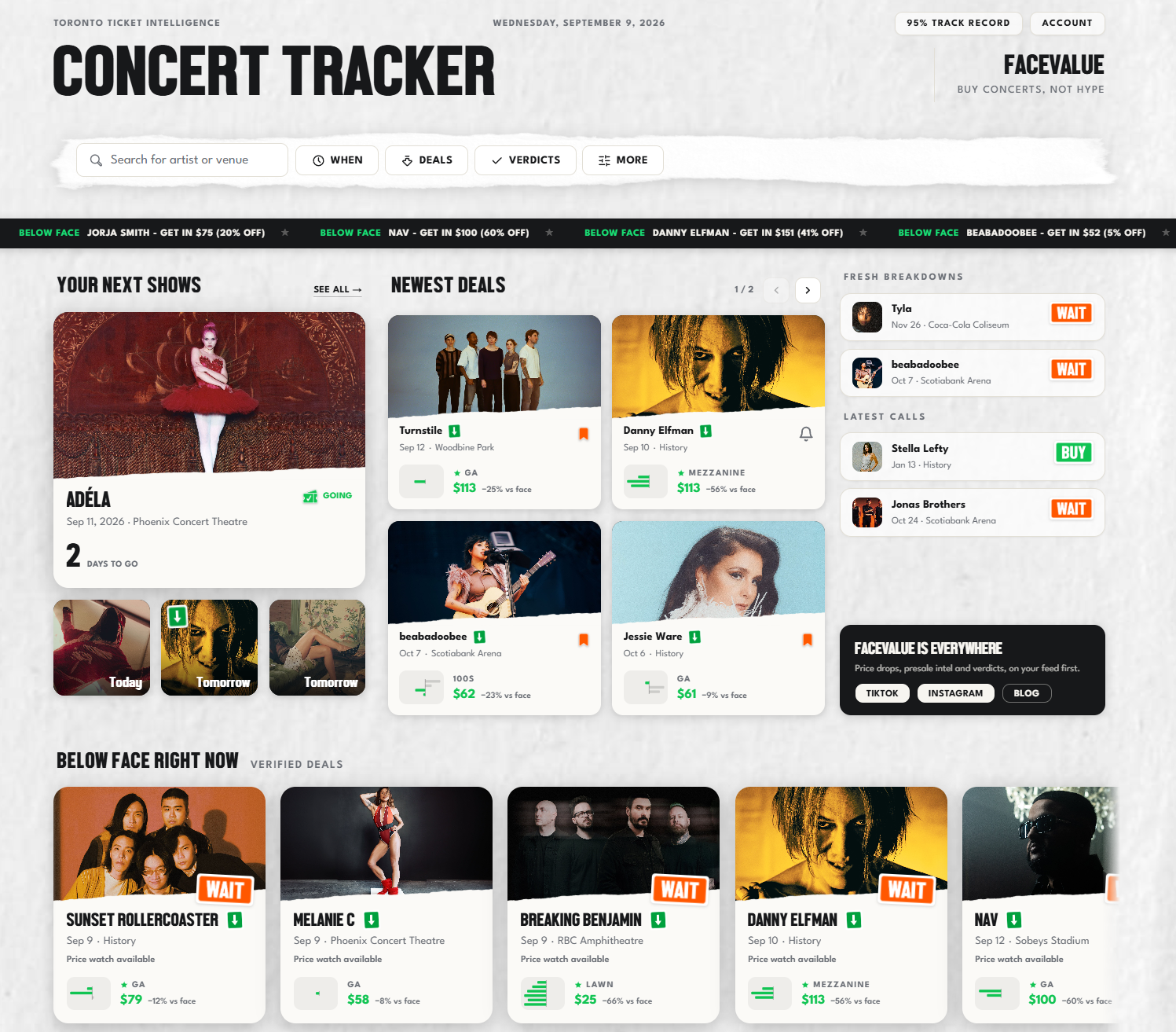 Concert Tracker home with upcoming shows, current deals, and Buy or Wait verdicts
